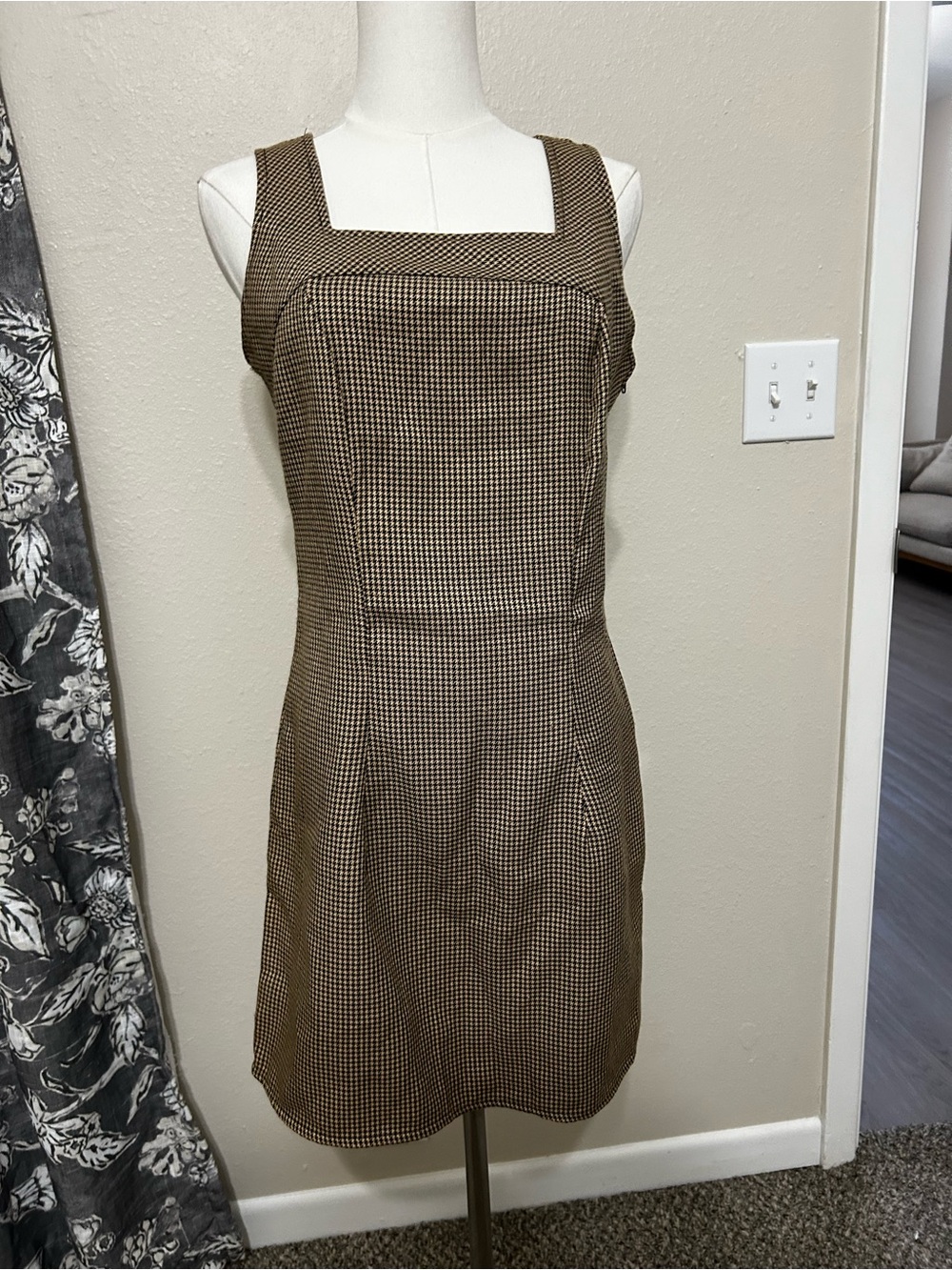 kathy ireland Brown Micro-Check Square-Neck Sleeveless Dress